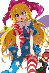  2girls american_flag_dress blonde_hair clown clownpiece commentary_request fairy_wings hat hecatia_lapislazuli highres long_hair mifutatsu multiple_girls open_mouth pantyhose purple_eyes red_eyes red_hair touhou white_background wings 