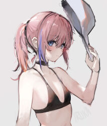  absurdres artist_name baseball_cap black_bra blue_eyes blue_hair bra choker female flat_chest girls&#039;_frontline hat highres holding holding_hat holding_unworn_clothes irikawa looking_at_viewer multicolored_hair official_alternate_costume pink_hair ponytail simple_background solo st_ar-15_(breeze_in_a_summer_afternoon)_(girls&#039;_frontline) st_ar-15_(girls&#039;_frontline) streaked_hair underwear upper_body white_hat 