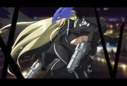  ankle_gun beelstarmon black_coat black_pants black_shirt blonde_hair blurry blurry_background breasts coat cropped_shirt digimon digimon_(creature) dual_wielding eye_mask female fuji_o_(fujio9111) gun highres holding holding_gun holding_weapon large_breasts long_hair multiple_barrel_gun pants profile purple_eyes revolver shirt solo third_eye underboob weapon 