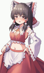  absurdres animal_ear_fluff animal_ears apron ars_rg0412 black_hairband bow breasts brown_hair cat_ears choppy_bangs cleavage_cutout clothing_cutout commentary_request crop_top detached_sleeves fake_animal_ears female frilled_apron frilled_bow frilled_hair_tubes frilled_shirt_collar frills furrowed_brow hair_tubes hairband hairbow hakurei_reimu hand_on_own_hip highres lace-trimmed_sleeves lace_trim light_blush long_hair long_skirt looking_at_viewer medium_breasts midriff navel neck_ribbon open_mouth red_bow red_eyes red_skirt ribbon sidelocks simple_background skirt skirt_hold solo touhou waist_apron white_apron white_background wide_sleeves yellow_ribbon 