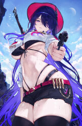  absurdres acheron_(honkai:_star_rail) aiming aiming_at_viewer alternate_costume belt bikini black_bikini black_shorts black_thighhighs blue_sky blush breasts chains cleavage closed_mouth commentary_request cowboy_hat cowboy_shot day earrings female gun hair_ornament hair_over_one_eye hat highleg highleg_bikini highres holding holding_gun holding_weapon honkai:_star_rail honkai_(series) jewelry large_breasts light_blush long_hair looking_at_viewer moon multi-strapped_bikini_bottom navel outdoors paid_reward_available partial_commentary purple_eyes purple_hair qiandaiyiyu red_belt revolver shirt short_shorts shorts sidelocks skindentation sky solo standing stomach swimsuit sword sword_behind_back thighhighs underboob very_long_hair weapon wet white_shirt white_shrug 