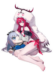  absurdres ass baobhan_sith_(fate) baobhan_sith_(swimsuit_pretender)_(fate) baobhan_sith_(swimsuit_pretender)_(first_ascension)_(fate) barefoot blush breasts camisole cernunnos_(fate) character_hood cleavage detached_collar fate/grand_order fate_(series) female grey_eyes highres jacket long_hair long_sleeves looking_at_viewer medium_breasts microskirt morgan_le_fay_(fate) open_clothes open_jacket pink_hair pointy_ears red_skirt shenqi_xiao_hong_zai_nali sidelocks skirt stuffed_toy white_camisole white_jacket 