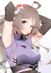  absurdres adjusting_hair ahoge animal_ears arknights armpits arms_behind_head arms_up blush breasts brown_hair commentary_request eyjafjalla_(arknights) eyjafjalla_the_hvit_aska_(arknights) female highres horns long_hair looking_at_viewer medium_breasts mouth_hold pcaccount13 purple_shirt red_eyes sheep_ears sheep_girl sheep_horns shirt simple_background solo white_background 