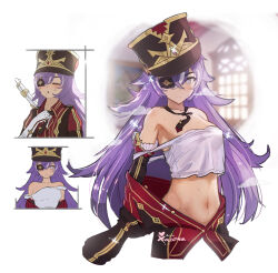  bare_shoulders black_hat black_necktie bright_pupils chevreuse_(genshin_impact) crop_top detached_sleeves eyepatch female genshin_impact grey_eyes hat highres long_hair looking_at_viewer midriff multiple_views navel necktie purple_hair shako_cap stomach strap_slip tank_top valenthania very_long_hair white_pupils white_tank_top 