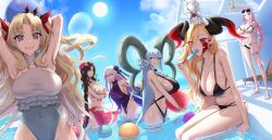  6+girls animal_ear_fluff aqua_hair asymmetrical_bangs ball bare_shoulders bikini black_bikini black_hair blonde_hair blue_hair blue_sky blush body_markings bow bracelet braid braided_ponytail breasts chest_tattoo cleavage colored_inner_hair commentary curled_horns earrings eating ereshkigal_(fate) facial_mark fate/grand_order fate_(series) flower food forehead_mark fou_(fate) glasses grey_one-piece_swimsuit grin hair_between_eyes hair_flower hair_ornament hair_over_one_eye hair_ribbon hairband hairbow highleg highleg_one-piece_swimsuit highres horns jewelry kama_(fate) kama_(swimsuit_avenger)_(fate) kama_(swimsuit_avenger)_(third_ascension)_(fate) koyanskaya_(fate) large_breasts larva_tiamat_(fate) larva_tiamat_(third_ascension)_(fate) long_hair looking_at_viewer multicolored_hair multiple_girls navel necklace nero_claudius_(fate) o-ring olga_marie_animusphere one-piece_swimsuit open_mouth parted_bangs pearl_necklace pink_eyes pink_hair pointy_ears pool popsicle purple_one-piece_swimsuit queen_draco_(fate) queen_draco_(third_ascension)_(fate) red_eyes ribbon sarong sessyoin_kiara sessyoin_kiara_(swimsuit_mooncancer) sessyoin_kiara_(swimsuit_mooncancer)_(first_ascension) shell shell_necklace shiroshisu sidelocks sitting sky smile space_ereshkigal_(fate) space_ereshkigal_(first_ascension)_(fate) star_(symbol) star_earrings streaked_hair swimsuit symbol-shaped_pupils tamamo_(fate) tattoo tiamat_(fate) twin_braids two-tone_hair two-tone_swimsuit two_side_up u-olga_marie very_long_hair white_bikini white_hair white_one-piece_swimsuit yellow_eyes 