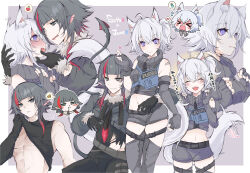  &gt;_&lt; 1boy :3 @_@ abs ahoge animal_ear_fluff animal_ears apple arm_around_waist bandaid bandaid_on_shoulder bare_shoulders belt black_belt black_gloves black_hair black_shirt black_sweater_vest black_thighhighs blush blush_stickers border breasts cat_ears cat_girl cat_tail character_name cheese closed_eyes closed_mouth clothes_lift commentary_request cropped_jacket crossed_bangs elbow_gloves eye_contact face-to-face facing_viewer female fingerless_gloves flying_sweatdrops food fruit fur_trim genderswap_(ftm) genderswap_(mtf) gloves green_eyes grey_gloves grey_shorts grey_sweater_vest grey_thighhighs grin hair_between_eyes heart highres imagining jane_doe_(zenless_zone_zero) licking_lips lifting_own_clothes light_brown_background long_hair long_sleeves looking_at_another looking_at_viewer mars_symbol medium_breasts midriff mirui mouse_boy mouse_ears mouse_tail multicolored_hair multiple_views navel open_mouth outside_border purple_eyes rat_boy red_hair rule_63 saliva seth_lowell shirt shirt_lift short_hair short_shorts shorts smile speech_bubble spoken_blush spoken_object standing straight streaked_hair sweat sweater_vest tail thigh_belt thigh_strap thighhighs thought_bubble toned toned_male tongue tongue_out torn_clothes torn_shirt translation_request venus_symbol white_border white_hair zenless_zone_zero 