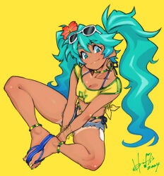  aqua_eyes aqua_hair bead_bracelet beads between_legs bikini bikini_under_clothes blue_bikini blue_footwear blue_shorts bracelet brazilian_miku breasts butterfly_sitting cleavage collarbone dark-skinned_female dark_skin dated earrings eyewear_on_head feet female flower full_body hair_flower hair_ornament halterneck hand_between_legs hatsune_miku high-waist_bikini highres hori_shin jewelry long_hair looking_at_viewer nail_polish number_print print_shirt red_flower sandals shirt short_shorts shorts side-tie_bikini_bottom signature simple_background sitting solo sunglasses swimsuit tan tanlines tied_shirt toenail_polish toenails toes twintails vocaloid worldwide_miku yellow_background yellow_nails yellow_shirt 