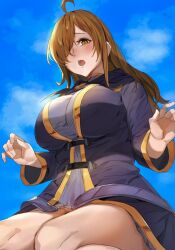  ahoge arms_at_sides belt blush breasts brown_eyes brown_hair female from_below hair_over_one_eye highres kono_subarashii_sekai_ni_shukufuku_wo! large_breasts looking_at_viewer loose_belt nasubin_(nasubisamurai15) open_belt open_mouth outdoors purple_robe revision robe seiza sitting sky solo thighs wiz_(konosuba) 