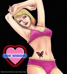  1girls armpits arms_up asia_airport blonde_hair bra butterfly female gradient_hair green_eyes lowres maria_(silent_hill) midriff panties pink_bra pink_panties red_hair short_hair silent_hill silent_hill_2 solo tattoo underwear 