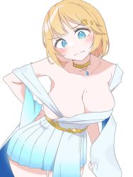  arm_behind_back bare_pectorals blonde_hair breasts choker embarrassed frown gawr_gura gawr_gura_(party_dress) hair_ornament hololive hololive_english large_breasts mole mole_on_breast pectorals watson_amelia yellow_choker 