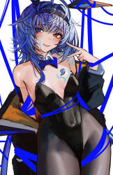  absurdres animal_ears bare_shoulders black_hairband black_jacket black_leotard black_pantyhose blue_bow blue_bowtie blue_eyes blue_hair bow bowtie breasts commentary cowboy_shot detached_collar fake_animal_ears female hairband hand_up heterochromia highres indie_virtual_youtuber jacket leotard long_sleeves naokomama off_shoulder open_clothes open_jacket open_mouth pantyhose playboy_bunny rabbit_ears sayu_sincronisity small_breasts smile solo v virtual_youtuber white_background yellow_eyes 