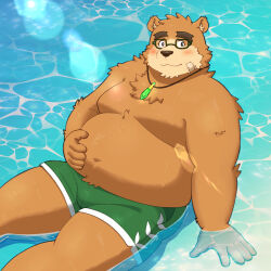  1:1 2024 anthro band-aid bandage bear belly big_belly blush bottomwear brown_body brown_fur clothing eyewear fur glasses hi_res humanoid_hands kemono lifewonders male mammal moobs navel overweight overweight_male shorts sitting solo swimwear tokyo_afterschool_summoners volos_(tas) water yaki_atsuage 