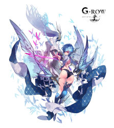  almace_(phantom_of_the_kill) ass back blue_hair bug butterfly crossed_bangs da-kuro female from_behind full_body hair_between_eyes hair_ornament highres holding holding_sword holding_weapon looking_at_viewer looking_back official_alternate_costume official_art outstretched_arm phantom_of_the_kill pink_eyes purple_eyes shoes short_shorts shorts solo standing sword weapon white_background 