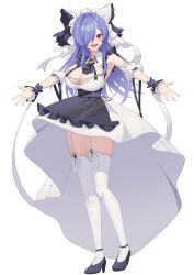  absurdres animal_ears apron azur_lane black_footwear blue_hair breasts cheshire_(azur_lane) cheshire_(azur_lane)_(cosplay) cleavage commentary_request commission cosplay detached_sleeves fake_animal_ears female frilled_hairband frills full_body garter_straps hairband high_heels highres lace-trimmed_thighhighs lace_trim large_breasts long_hair long_ribbon looking_at_viewer maid_headdress open_mouth outstretched_arms pixiv_commission puffy_detached_sleeves puffy_sleeves purple_apron red_eyes seele0907 shoes simple_background solo spread_arms standing thighhighs trento_(azur_lane) white_background white_garter_straps white_thighhighs wrist_cuffs 