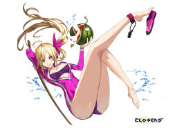  ahoge alternate_hair_color arm_up ass bare_legs barefoot blonde_hair blue_eyes bodysuit bow breasts closers copyright_name covered_navel diving_suit female floating_hair food fruit full_body grin hairbow hands_up highres holding holding_food holding_fruit holding_stick legs legs_up logo long_hair long_sleeves looking_at_viewer lying medium_breasts official_art on_back parted_bangs plunging_neckline ponytail purple_bow purple_footwear purple_tube_top purple_wetsuit shoe_dangle shoes single_ankle_cuff single_shoe smile solo springsuit stick strapless teeth thighs tube_top unworn_shoe variant_set water_drop watermelon wetsuit white_background yuri_seo 