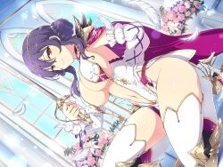  armor bikini_armor bouquet breast_curtains breasts cape cleavage closed_mouth day detached_sleeves feathers flower hair_bun hair_ornament high_heels highres holding holding_sword holding_weapon indoors kneeling knight lace large_breasts looking_at_viewer mole mole_on_breast navel official_art pink_flower purple_hair red_eyes rin_(senran_kagura) senran_kagura senran_kagura_new_link smile sword thighhighs weapon window 