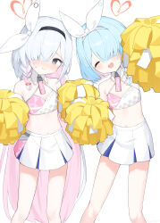  2girls :d absurdres ame_miya_ta arona_(blue_archive) bare_shoulders black_eyes black_hairband blue_archive blue_hair blunt_bangs blush bow_hairband braid cheerleader collar collarbone colored_inner_hair commentary detached_collar embarrassed flat_chest hair_over_one_eye hair_ribbon hair_tie hairband halo heart heart_halo highres midriff multicolored_hair multiple_girls navel pink_hair plana_(blue_archive) pom_pom_(cheerleading) red_halo red_pupils ribbon side_braid simple_background skirt smile sweat two-tone_hair two-tone_skirt white_background white_collar white_hair white_hairband white_ribbon white_skirt yellow_pom_poms 