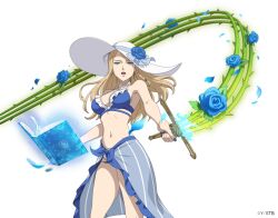  bikini black_clover black_clover_m:_rise_of_the_wizard_king blonde_hair blue_bikini blue_eyes blue_flower blue_nails blue_petals blue_rose blue_sarong book charlotte_roselei criss-cross_halter female flower grimoire halterneck hat hat_flower holding holding_sword holding_weapon jewelry long_hair looking_at_viewer magic nail_polish navel necklace official_alternate_costume open_book open_mouth pearl_necklace petals plant rose rose_petals sarong simple_background solo sun_hat swimsuit sword transparent_background vines weapon white_footwear white_hat 