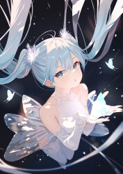  aqua_hair blue_eyes bug butterfly butterfly_wings commentary_request dress elbow_gloves female fingerless_gloves from_above gloves hair_between_eyes hair_ornament hatsune_miku highres insect_wings long_hair looking_at_viewer parted_lips rorokaede sleeveless sleeveless_dress solo thighhighs twintails vocaloid white_dress white_gloves white_thighhighs wings 