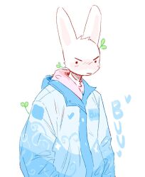  2023 angry blue_clothing blue_jacket blue_topwear blush blush_lines bunonthemoon clothing fur jacket lagomorph leporid male mammal rabbit solo sprout_(plant) topwear white_body white_fur 