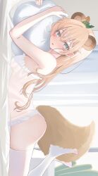  :3 :p alternate_costume animal_ears babydoll bed_sheet blonde_hair blush breasts crossed_bangs day double-parted_bangs extra_ears feet_up female frilled_babydoll from_side green_eyes hair_between_eyes hair_down hair_ornament head_on_pillow highres holding holding_pillow hololive indoors kazama_iroha kemonomimi_mode knees_out_of_frame leaf_hair_ornament lingerie long_hair looking_at_viewer lying medium_breasts nekoi_(nekoi_0116) no_shoes on_stomach panties pillow plant potted_plant raccoon_ears raccoon_girl raccoon_tail see-through sideways solo string_panties tail the_pose thighhighs tongue tongue_out underwear underwear_only virtual_youtuber white_panties white_thighhighs 