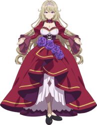  black_footwear blonde_hair breasts cleavage closed_mouth collar detached_collar dress dress_flower female flower frilled_collar frills full_body hand_up hikikomari_kyuuketsuki_no_monmon karen_helvetius long_dress long_hair long_sleeves looking_at_viewer official_art purple_eyes purple_flower red_dress shoes simple_background smile solo standing tiara transparent_background 