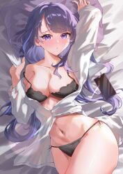  alternate_costume bed_sheet black_bra black_panties blush bra breasts cellphone cleavage collarbone eiihleeinq8wzfl female genshin_impact highres large_breasts long_hair long_sleeves looking_at_viewer lying navel on_back open_clothes open_shirt panties partially_unbuttoned phone pillow purple_eyes purple_hair raiden_shogun shirt solo stomach strap_slip thighs underwear very_long_hair white_shirt 