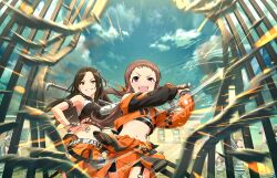  2girls baseball_bat fleeing holding holding_weapon idolmaster idolmaster_cinderella_girls koseki_reina lead_pipe mukai_takumi multiple_girls nail nail_bat official_art orange_skirt prison prison_clothes skirt watchtower weapon 