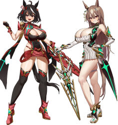  2girls absurdres animal_ears breasts cleavage cosplay feipin_zhanshi full_body highres horse_ears horse_girl kitasan_black_(umamusume) large_breasts multiple_girls mythra_(xenoblade) mythra_(xenoblade)_(cosplay) number-only_commentary pyra_(xenoblade) pyra_(xenoblade)_(cosplay) satono_diamond_(umamusume) umamusume xenoblade_chronicles_(series) xenoblade_chronicles_2 