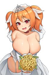  :d ajidot arms_under_breasts bare_shoulders bouquet breasts bridal_veil cerberus_(last_origin) choker cleavage collarbone cowboy_shot dot_nose double-parted_bangs dress elbow_gloves female flower forehead garter_straps gloves hair_ornament hair_ribbon head_tilt highres holding holding_bouquet korean_commentary lace-trimmed_legwear lace_trim large_breasts last_origin leaf legs_together looking_at_viewer mole mole_under_eye oerba_yun_fang open_mouth orange_choker orange_hair red_eyes ribbon shiny_skin short_tail simple_background single_hair_intake skin_fang smile solo standing tail thighhighs thighs tiara veil wedding_dress white_background white_dress white_gloves white_ribbon white_thighhighs white_veil yellow_flower 