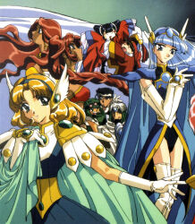  1990s_(style) 4boys 5girls alternate_costume armor armored_dress asuka_(rayearth) blunt_bangs braid cape chinese_clothes dark-skinned_female dark-skinned_male dark_skin eagle_vision earrings geo_metro_(rayearth) gloves goggles goggles_on_head group_picture hairband highres hoop_earrings hououji_fuu jewelry lolicon long_hair magic_knight_rayearth multiple_boys multiple_girls official_alternate_costume official_art retro_artstyle ryuuzaki_umi san_yun_(rayearth) scan siblings skirt tarta_(rayearth) tatra_(rayearth) twins zazu_torque 