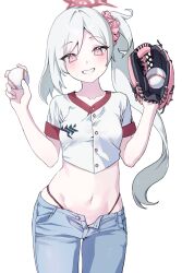  baseball baseball_mitt blue_archive blue_pants buttons collarbone commentary crop_top female gehenna_academy_logo hair_ornament hair_scrunchie halo highres long_hair looking_at_viewer midriff mutsuki_(blue_archive) navel open_fly panties pants pink_eyes pink_scrunchie red_halo sachi_(sachi_san) scrunchie shirt side_ponytail sidelocks simple_background smile solo string_panties teeth underwear white_background white_hair white_shirt 