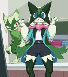  2024 ambiguous_gender anthro blue_eyes clothed clothing duo floragato fur generation_9_pokemon green_body green_fur hi_res meowscarada multicolored_body multicolored_fur nintendo open_mouth pata pink_eyes pokemon pokemon_(species) standing two_tone_body two_tone_fur 