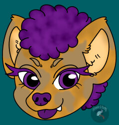  animal_humanoid anthro cute_fangs female fur hair humanoid hyena hyena_humanoid mammal mammal_humanoid markings purple_eyes purple_hair solo spots spotted_hyena spotted_markings tan_body tan_fur wreckandscrap xorphyah_(wreckandscrap) 