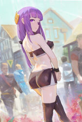  ass bandeau black_bandeau black_skirt blunt_bangs blurry blurry_background breasts closed_mouth female fern_(sousou_no_frieren) from_behind hair_ornament long_hair looking_at_viewer looking_back medium_breasts miniskirt outdoors purple_eyes purple_hair shoulder_blades skirt solo solo_focus sousou_no_frieren standing straight_hair thighhighs village white_thighhighs yugen99 zettai_ryouiki 