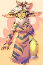  absurdres blue_eyes colored_skin detached_sleeves dress female_goblin fewer_digits fur_trim goblin green_skin highres large_ears lluisabadias long_pointy_ears orange_tabard original pointy_ears tabard thick_thighs thighs tusks 