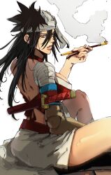  absurdres backless_outfit bandaged_arm bandages black_hair bleach blue_eyes breasts cleavage crop_top female highres holding holding_smoking_pipe isaacchief300 large_breasts long_hair red_shirt shiba_kuukaku shirt simple_background sitting skirt smoke smoking_pipe solo white_background white_skirt 