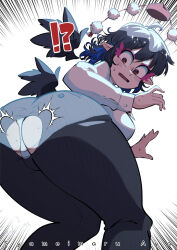  !? ahoge ass black_hair black_pantyhose black_wings breasts carte character_name commentary_request detached_wings emphasis_lines eyeliner feathered_wings feet_out_of_frame female hat hat_launch highres large_breasts long_sleeves looking_back makeup mole mole_on_ass open_mouth panties pantyhose pink_eyeliner pink_hat pointy_ears pom_pom_(clothes) red_eyes shameimaru_aya shirt short_hair solo tokin_hat torn_clothes torn_pantyhose touhou underwear white_background white_panties white_shirt wings 