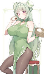  :t absurdres antenna_hair armlet bamboo_steamer bangle baozi black_pantyhose blush bracelet breasts bright_pupils bun_cover china_dress chinese_clothes cloba closed_mouth covered_navel double_bun dress eating feet_out_of_frame female fingernails food food_on_face goddess_of_victory:_nikke green_dress green_hair green_nails hair_bun highres holding holding_food impossible_clothes impossible_dress inset_border jewelry large_breasts long_fingernails long_hair looking_at_viewer nail_polish pantyhose pelvic_curtain purple_eyes sleeveless sleeveless_dress soda_(nikke) solo stool very_long_hair white_pupils 