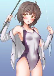  ahoge anti_(untea9) ass_visible_through_thighs blue_background breasts brown_eyes brown_hair collarbone cowboy_shot female fish fishing fishing_line fishing_rod gradient_background highres holding holding_fishing_rod jacket kantai_collection kishinami_(kancolle) long_sleeves multicolored_clothes multicolored_swimsuit one-piece_swimsuit purple_one-piece_swimsuit short_hair small_breasts solo swimsuit swimsuit_under_clothes wavy_hair white_jacket white_one-piece_swimsuit 