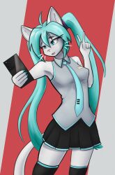  absurd_res anthro blue_eyes blue_hair bottomwear cellphone clothing domestic_cat electronics felid feline felis female gesture hair hand_gesture hatsune_miku hi_res long_hair mammal observerdoz phone simple_background skirt smartphone solo v_sign vocaloid 