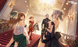  1boy 5girls aiden_(black_survival) back bare_shoulders bianca_(black_survival) black_dress black_gloves black_shirt black_survival blue_hair blue_necktie bow bracelet breasts brown_hair champagne_flute chandelier cleavage cleavage_cutout closed_mouth clothing_cutout collared_shirt commentary_request copyright_name cup detached_collar dress drinking_glass earrings eternal_return:_black_survival evening_gown floating_earring flower folded_hair freng gloves gold_collar green_dress green_eyes grey_eyes grey_hair gweon_sua hairbow halterneck hand_in_pocket hand_on_own_hip haze_(black_survival) highres holding holding_cup holding_umbrella indoors jacket jacket_on_shoulders jewelry korean_commentary lamp large_breasts li_dailin long_hair looking_at_viewer multiple_girls necklace necktie oerba_yun_fang official_art open_mouth orange_eyes railing red_dress rose shirt short_hair side_slit sideboob stairs standing strapless strapless_dress suit symbol-shaped_pupils thighlet tie_clip tran_quynh_mai umbrella 