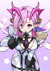  black_gloves bodysuit collared_bodysuit demon_horns detached_collar female festibattle gloves highres horns necktie oscurol_(shironeko_project) pink_eyes pink_hair shironeko_project short_hair solo star_(symbol) strap torakusame white_bodysuit wings 