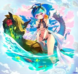  ? aqua_hair bird black_halo braid breasts cassius_(phantom_of_the_kill) closed_mouth female fish flower hair_between_eyes halo hibiscus looking_at_viewer medium_breasts ocean official_alternate_costume official_art orange_eyes orange_flower outdoors phantom_of_the_kill red_flower shibuhiko sky swimsuit thighs 