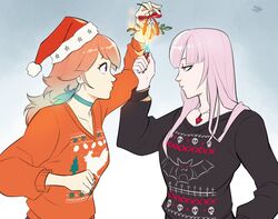  2girls alternate_costume bird chicken christmas_sweater commentary english_commentary holding holding_mistletoe hololive hololive_english lighter long_hair mistletoe mori_calliope multicolored_hair multiple_girls mx._moz orange_hair pink_eyes pink_hair puckered_lips red_eyes skull sweater takanashi_kiara virtual_youtuber 