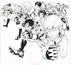  2girls 6+boys :d absurdres american_football_helmet american_football_uniform bandaid bandaid_on_face bandaid_on_nose cheerleader closed_mouth eyeshield_21 facial_hair greyscale grin gun helmet highres holding holding_gun holding_weapon kobayakawa_sena monochrome multiple_boys multiple_girls murata_yuusuke official_art open_mouth running scan sharp_teeth shirt shoes shoulder_pads simple_background slit_pupils smile smug sportswear stubble sweat teeth traditional_media weapon white_background 