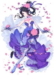  absurdres bad_id bad_pixiv_id black_hair black_tea_(food_fantasy) breasts brown_eyes dress female flower food_fantasy full_body gun highres holding holding_weapon long_hair looking_to_the_side maratang pale_skin petals ponytail revealing_clothes weapon white_background 