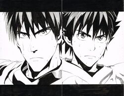  2boys american_football_uniform closed_mouth eyeshield_21 greyscale highres kobayakawa_sena looking_at_viewer monochrome multiple_boys murata_yuusuke official_art scan seijuro_shin spiked_hair sportswear sweat traditional_media 