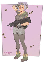  artist_name bandage_on_elbow bandana boots border borrowed_character breasts bullet_hole bullpup female fingerless_gloves full_body gloves grey_gloves grey_hair gun highres looking_at_viewer medium_breasts norasuko one_eye_closed original outside_border pantyhose pantyhose_under_shorts purple_background red-framed_eyewear rifle semi-rimless_eyewear short_hair shorts smile solo tight_clothes trigger_discipline under-rim_eyewear weapon white_border x95_(jarv) yellow_eyes 