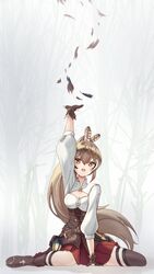  ahoge ankle_boots arm_up asymmetrical_legwear bare_tree belt boots brown_corset brown_eyes brown_hair cleavage_cutout clothing_cutout corset dagger feather_hair_ornament feathers female friend_(nanashi_mumei) gloves hair_ornament hairclip highres hololive hololive_english knee_strap kneehighs knife lantern long_hair multicolored_hair nanashi_mumei nanashi_mumei_(1st_costume) nogi_nagi partially_fingerless_gloves pleated_skirt ponytail pouch reaching red_skirt shirt single_kneehigh single_sock single_thighhigh sitting skirt socks streaked_hair thigh_strap thighhighs torn_paper tree very_long_hair virtual_youtuber wariza weapon white_shirt 